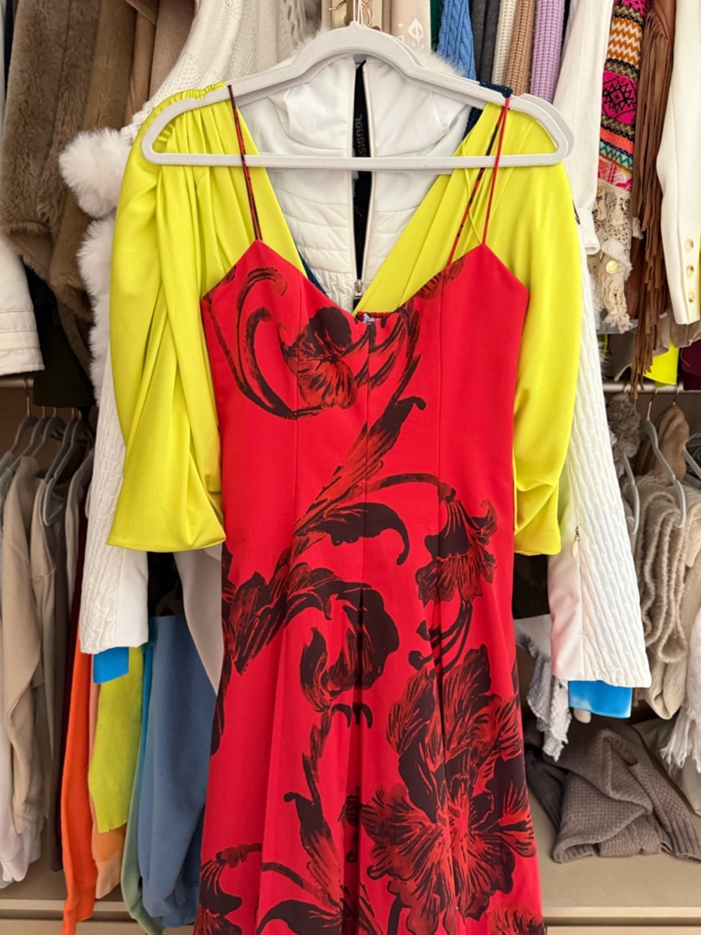 Alice + Olivia Red Slip Dress with Black Floral Print and Yellow Layer